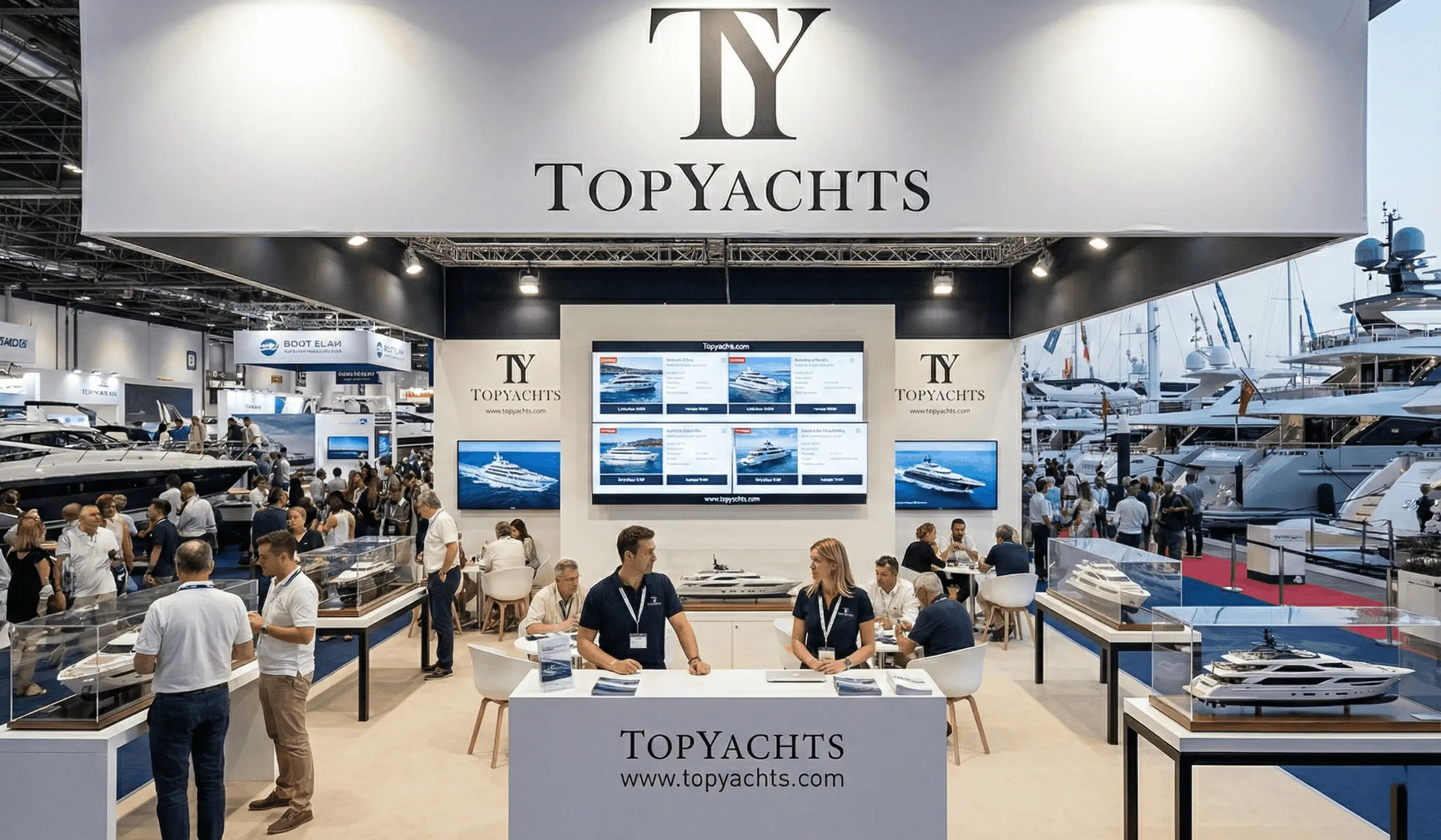 Yachts and exhibition stands at an international boat show