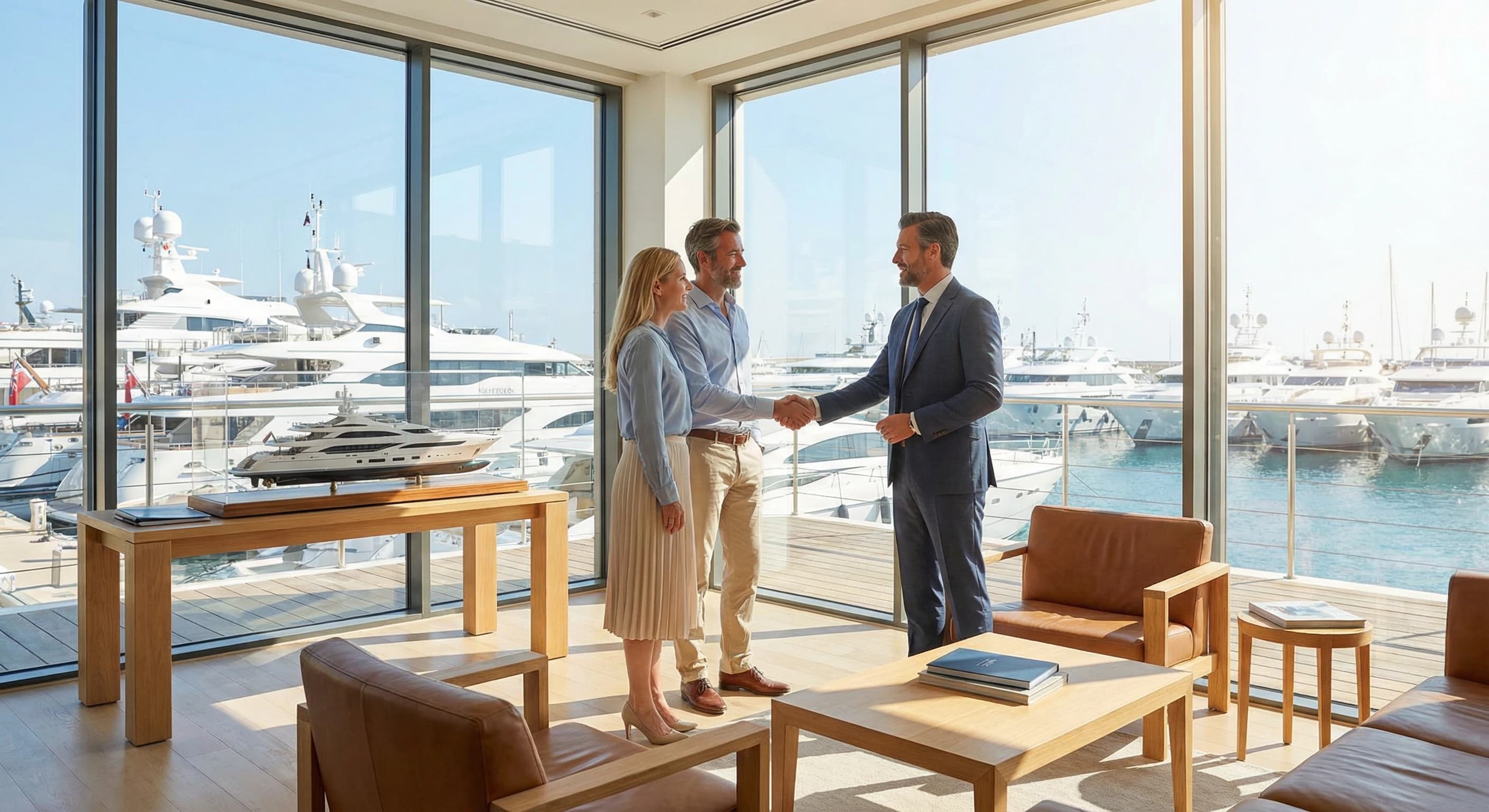 Kancelária profesionálneho makléra jácht s výhľadom na prístav